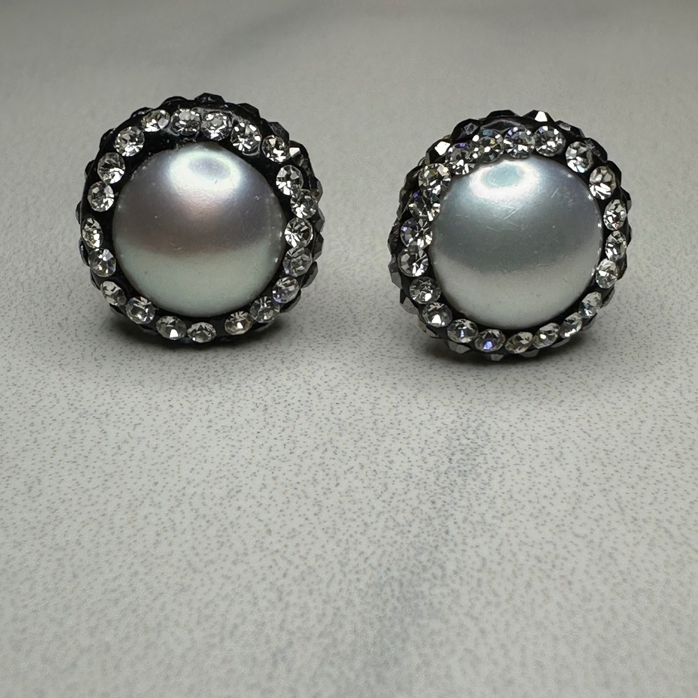 925 Sterling Silver Pearl Stud Earrings‎ Crystal Halo Round Gemstone